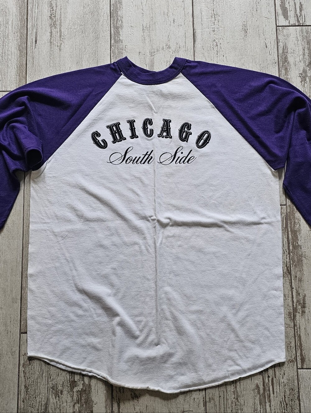 Roll Bounce Movie Chicago South Side Raglan Baseball Tee - White & Purple XL